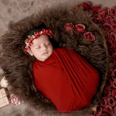 A rose among the roses. This setup features a cascade of red roses next to the sleeping baby, creating a rich and romantic portrait.