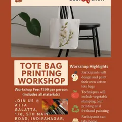 Poster for a Tote Bag Printing Workshop using eco-friendly techniques like vegetable and leaf stamping.