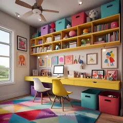 This vibrant and colorful study and craft room for kids features a long yellow desk for two, with extensive open shelving above for books and supplies. The cheerful color palette and playful artwork create an inspiring environment for learning and creativity.