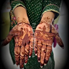 The gorgeous, deep brown stain of a narrative mehndi design. This is the color every bride dreams of for her wedding.