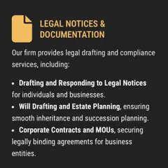 Proactive legal planning is the best defense against future disputes. I provide essential legal drafting services, including creating clear and enforceable wills, responding to legal notices, and structuring estate plans to ensure a smooth succession.