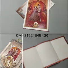 A tag-style, tri-fold invitation featuring a detailed illustration of a royal couple and Lord Ganesha. The design is traditional and comes with a rope handle for a unique touch.