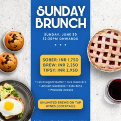 A poster for our Sunday Brunch, highlighting the three packages available: Sober, Brew, and Tipsy. Enjoy unlimited brews, wines, or cocktails alongside our delicious buffet.