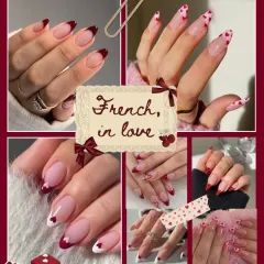French, but in love. This moodboard is all about romantic variations on the classic French manicure, using red for the tips and adding delicate heart details for a sweet, modern look.