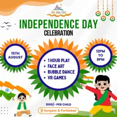 Our Independence Day celebration poster details all the fun activities. We offer face art, bubble dance, VR games, and an hour of playtime for a patriotic party.