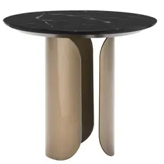 The Vida side table exudes a harmonious design with its depth of materiality and technological precision. Its sculptural silhouette, featuring curved metal supports and a black marble top, stands out as a modern showpiece.