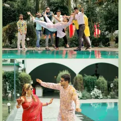 A collage of fun moments from a poolside Haldi party, including the groom being lifted by his friends and the couple dancing together. These shots are all about capturing the celebration.