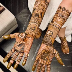 This bridal mehendi tells a complete story, with a groom portrait, a bride in her doli, and even the wedding date and initials hidden within the design. Every element is thoughtfully placed.