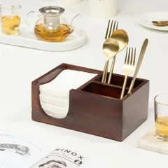 A clean, e-commerce style shot for a wooden cutlery and napkin holder. The styling is minimal to keep the focus on the product's design and functionality, showing it on a neatly set table.