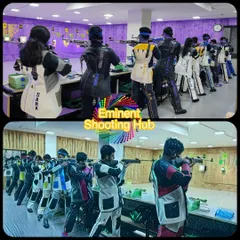 This collage presents two different perspectives of my shooting range. It highlights the well-lit, professional-grade lanes where my rifle and pistol teams prepare for competitions.