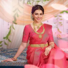 Another look from the South Indian bridal series, this time focusing on a gold waist belt (kamarbandh) and a different set of necklaces. The warm tones of the saree and jewelry create a rich, celebratory mood.