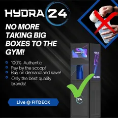 No more carrying bulky supplement boxes. We've partnered with Hydra24 to provide a vending machine for 100% authentic, pay-by-the-scoop supplements right here in the gym.