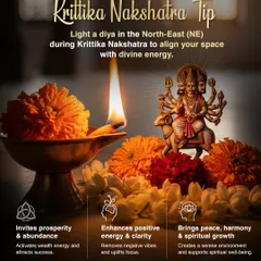 During the Krittika Nakshatra, lighting a diya in the North-East of your home can align your space with divine energy. This simple ritual invites prosperity, enhances positivity, and supports spiritual growth.