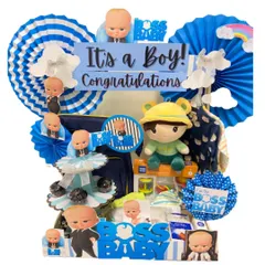Welcoming the new boss! This fun "Boss Baby" themed closet hamper is packed with clothes, toys, and essentials, all curated to celebrate the arrival of a baby boy.