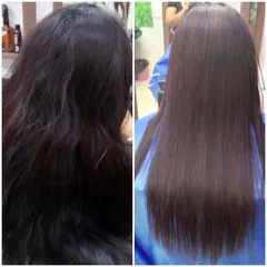This before and after image shows the power of a Hair Botox treatment. I took this client's hair from dull and frizzy to incredibly smooth, straight, and healthy-looking. This deep repair treatment is perfect for restoring shine and manageability.