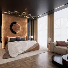 We designed this bedroom to be a masterclass in modern luxury. The space features a striking wood-paneled headboard with geometric art, a dark ceiling for a cozy feel, and large windows that flood the room with natural light.