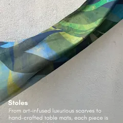 A detailed look at the abstract patterns and rich color palette of one of my art-infused stoles. Each one is a wearable piece of art, designed to be a luxurious and unique accessory that complements your individual style.