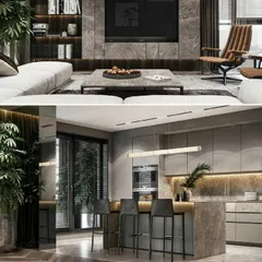 I believe modern offices need comfortable and stylish breakout zones. This project showcases an open-concept executive lounge and an adjoining pantry area. I used a consistent palette of stone, warm grays, and natural textures to create a cohesive and high-end space for relaxation and informal meetings.