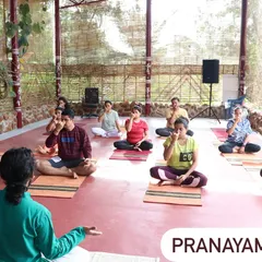 A group practices Nadi Shodhana (alternate nostril breathing) during a wellness retreat. This pranayama technique is one of the most effective for balancing the mind and reducing anxiety.