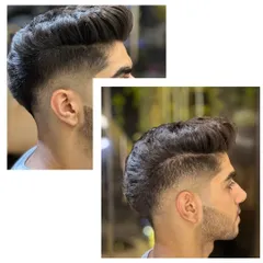 A collage showing a men's haircut from multiple angles. This high-volume pompadour with a fade is a popular and timeless style.