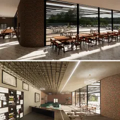 Renders for the restaurant and bar at the MCA Pune clubhouse. The design uses exposed brick and large glass fenestrations to create an industrial yet warm atmosphere with views of the outdoors.
