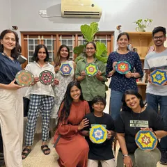 The proud artists from our Mandala workshop showing off their beautiful creations. It’s wonderful to see everyone’s unique style come to life.