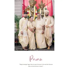 The groom's family dressed in matching cream-colored traditional wear, from kurtas to dhotis, all custom-made to create a harmonious look.
