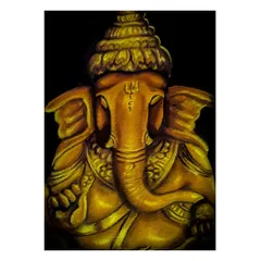 This is a rangoli portrait of Bappa, created for the Ganesh Chaturthi festival at Karnataka Chitrakala Parishad. The artwork uses shades of yellow and gold to create a three-dimensional, sculptural effect.