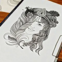 A Krishna artwork created with ink. I combined traditional imagery like the peacock feather with detailed mandala-style patterns to create a unique and decorative piece.