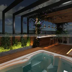 A perspective from the jacuzzi, looking towards the bar and seating area of the rooftop terrace concept. This render highlights the ambiance created by evening lighting, lush planters, and the open-air design, perfect for a relaxing guest experience.