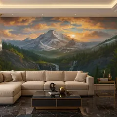 A breathtaking mountain landscape wallpaper at sunset. The warm colors and majestic view create a stunning and dramatic focal point in this living room.