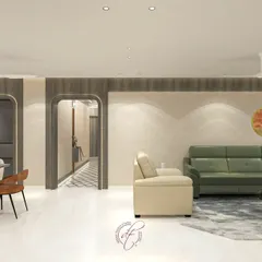 This render provides a complete overview of the living and dining space, allowing the client to understand the scale and proportions of the room and furniture.