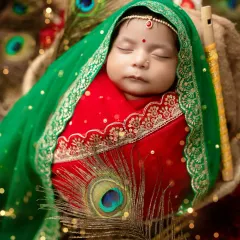 This newborn portrait captures our 'Little Radha' theme, with the baby peacefully asleep, wrapped in red and green, and surrounded by peacock feathers. It's a beautiful way to honor tradition.