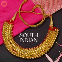 We also offer a beautiful collection of traditional South Indian jewellery. This classic gold-finish necklace is perfect for brides wanting an authentic temple jewellery look for their wedding ceremonies.