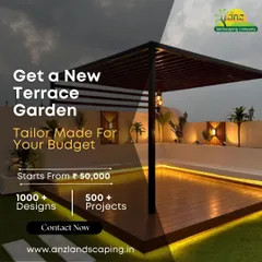 An identical graphic advertising our custom terrace garden services, emphasizing our extensive design portfolio and project experience.