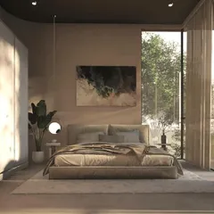 A bedroom in one of our Moira homes, designed with flowing curves and a warm, serene mood. The space opens onto a private deck, and the material palette of wood and plaster creates a sense of tropical lushness.