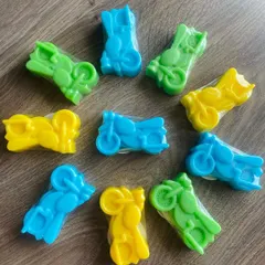 I'm addicted to making these cute bike soaps! They come in different colors and fragrances, like cool water blue and lemon yellow, all in a gentle goat milk soap base. They are a great way to make washing hands fun for kids.