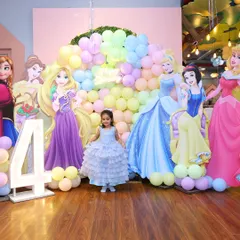 We believe in creating a fairytale backdrop that feels like stepping into another world. This full-scale Disney Princess setup features life-sized cutouts of multiple princesses and a lush balloon wall, making it the perfect photo spot for the birthday royalty.