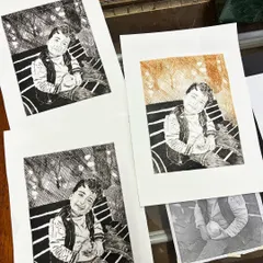 From photo to print. This series shows the transformation of a photograph into a detailed drypoint etching, resulting in beautiful, artistic prints.