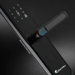 A close look at the future of home entry. This smart door lock features a responsive fingerprint sensor and a sleek, backlit keypad, offering multiple ways to secure your home with style.