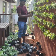I believe in a hands-on approach. Here I am setting up a vertical garden for a client, carefully placing each plant to create a beautiful, lasting design. I handle the entire installation process myself to ensure quality.