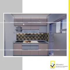 A 3D proposed design for a modular kitchen in a 1BHK apartment. The design uses a neutral color palette with a checkered tile backsplash, creating a timeless and elegant look.