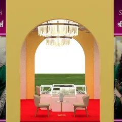 This front-on view highlights the symmetry of the design. The central chandelier acts as a focal point, drawing attention to the main display counter, while the branded pillars frame the entrance.