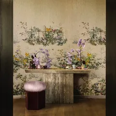 A console table set against our "Scenic Flora" wallpaper, a luxurious tapestry of Japanese wildflowers. This design blends romance and elegance in every detail, elevating the space with its intricate artistry and soft color palette.