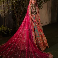 The drama of the trail. This shot showcases the incredible craftsmanship of her lehenga and the long, embellished veil, creating a truly royal bridal portrait.