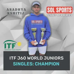 Aradhya Kshitij with his singles and doubles champion trophies from the ITF J60 World Juniors in Mauritius. We focus on developing all-around players who can compete and win in both formats of the game.