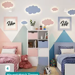 We use mix-and-match themes to give each sibling their own space. This room uses a pink and blue color-blocked design with "His" and "Her" zones.