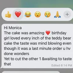A glowing review for our teddy bear cake. Last-minute orders and happy clients are what we live for.