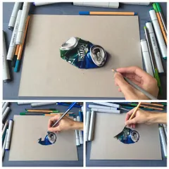 Here you can see the stages of drawing the crushed Sprite can. I start with a light sketch and gradually build up the color and shadows to achieve a realistic effect.