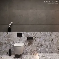 Here, I've combined two distinct tile styles to create a balanced and modern look. The lower wall and floor feature a striking terrazzo pattern, providing a robust and decorative base. Above, large-format, dark grey concrete-effect tiles offer a clean, minimalist contrast, making the space feel both grounded and expansive.